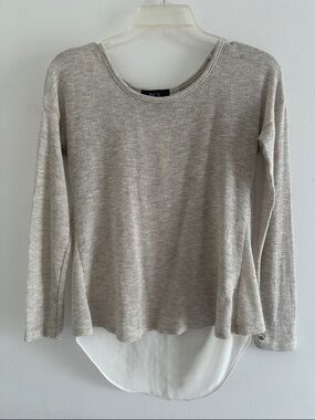 BCX Women's Light Taupe Long Sleeve Knit Top with Chiffon High-Low Hem